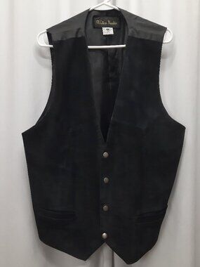 VTG Western Frontier Black Leather Vest XL Suede Cowboy Biker Button Waistcoat